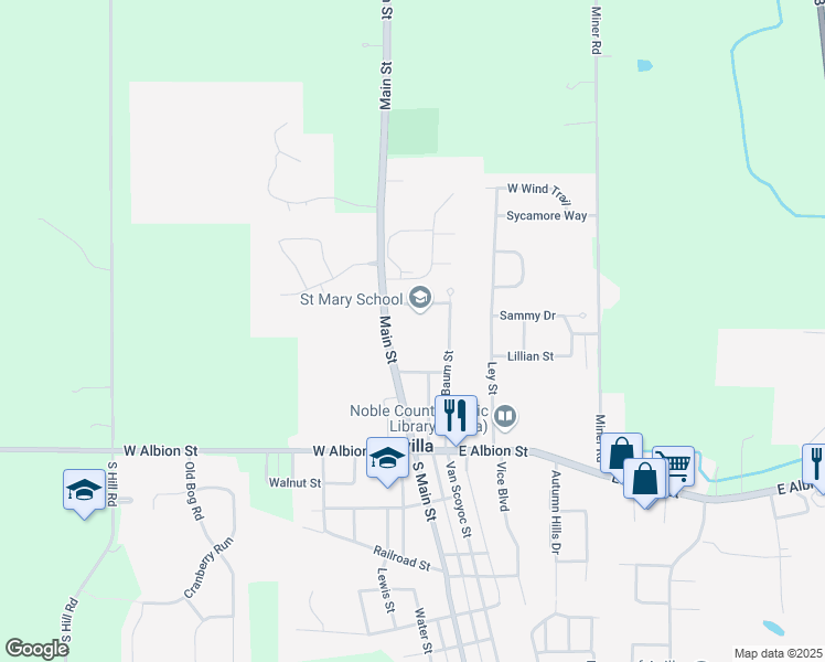 map of restaurants, bars, coffee shops, grocery stores, and more near 232 North Main Street in Avilla