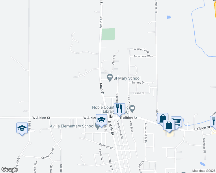 map of restaurants, bars, coffee shops, grocery stores, and more near 232 North Main Street in Avilla