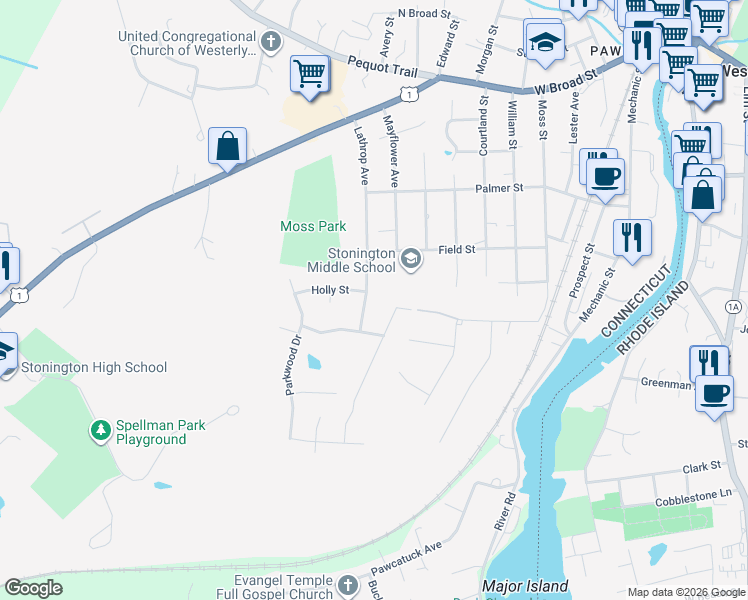 map of restaurants, bars, coffee shops, grocery stores, and more near 49 Lathrop Avenue in Stonington