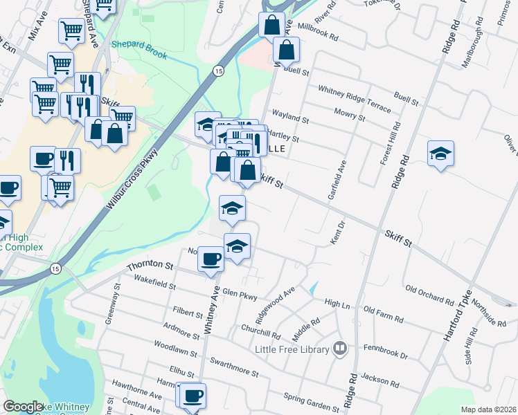 map of restaurants, bars, coffee shops, grocery stores, and more near 1957 Whitney Avenue in North Haven