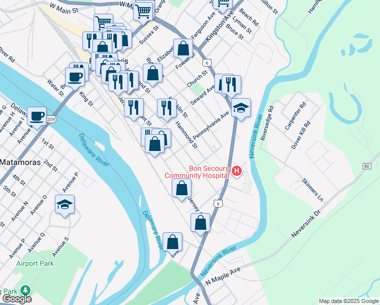 map of restaurants, bars, coffee shops, grocery stores, and more near 126 Ball Street in Port Jervis