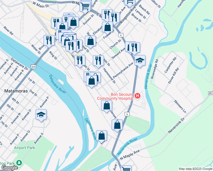 map of restaurants, bars, coffee shops, grocery stores, and more near 126 Ball Street in Port Jervis