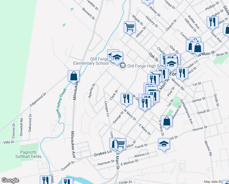 map of restaurants, bars, coffee shops, grocery stores, and more near 506 West Grace Street in Old Forge