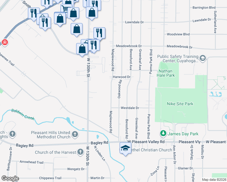 map of restaurants, bars, coffee shops, grocery stores, and more near 7183 Maplewood Road in Parma