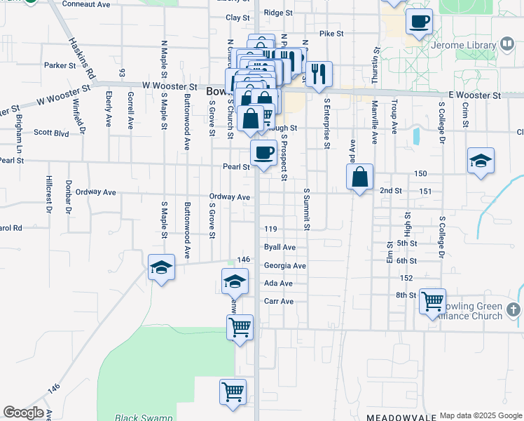 map of restaurants, bars, coffee shops, grocery stores, and more near 340-398 S Main St in Bowling Green