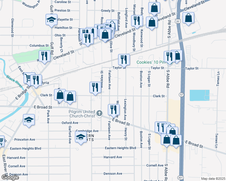 map of restaurants, bars, coffee shops, grocery stores, and more near 170 Fairlawn Avenue in Elyria