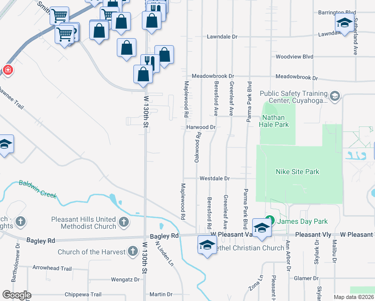 map of restaurants, bars, coffee shops, grocery stores, and more near 7183 Maplewood Road in Parma