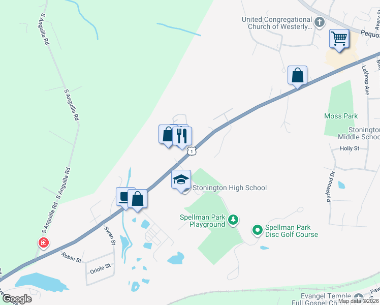 map of restaurants, bars, coffee shops, grocery stores, and more near 143 South Broad Street in Stonington