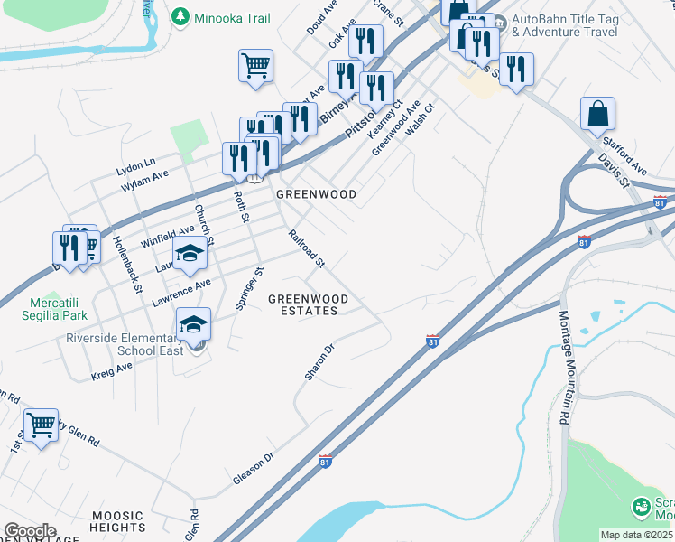 map of restaurants, bars, coffee shops, grocery stores, and more near 1 May Street in Moosic