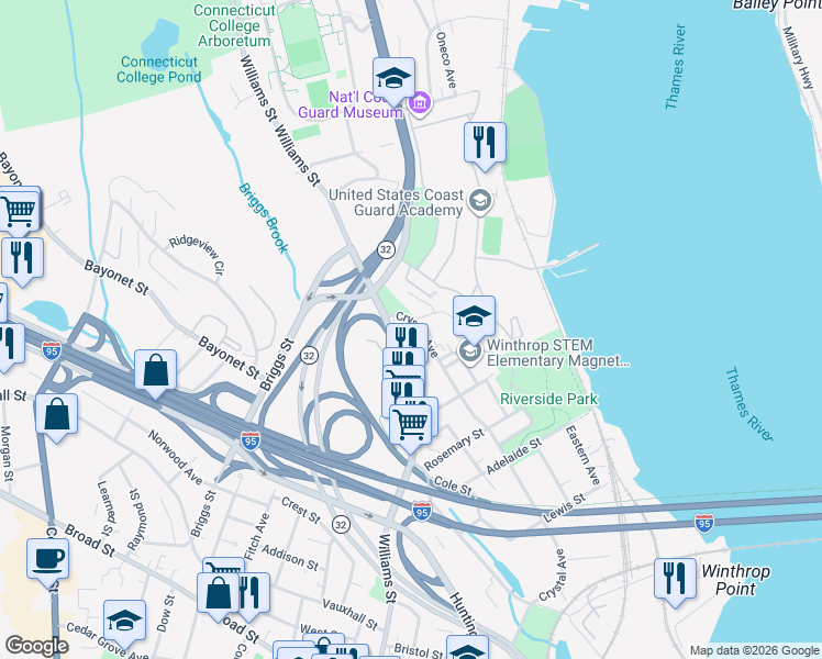 map of restaurants, bars, coffee shops, grocery stores, and more near 321 Crystal Avenue in New London