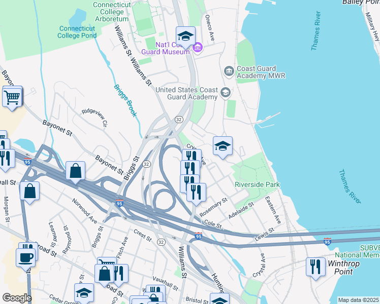 map of restaurants, bars, coffee shops, grocery stores, and more near 321 Crystal Avenue in New London
