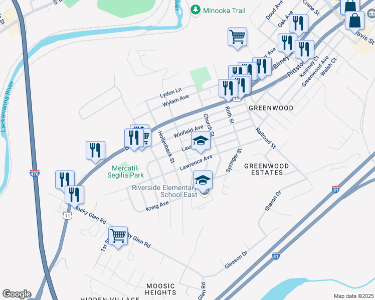 map of restaurants, bars, coffee shops, grocery stores, and more near 3744 Laurel Avenue in Moosic