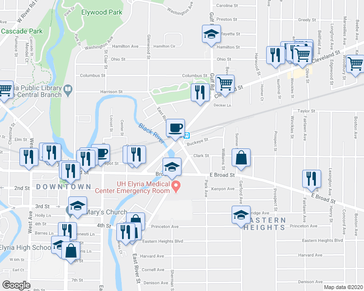 map of restaurants, bars, coffee shops, grocery stores, and more near 410 East River Street in Elyria
