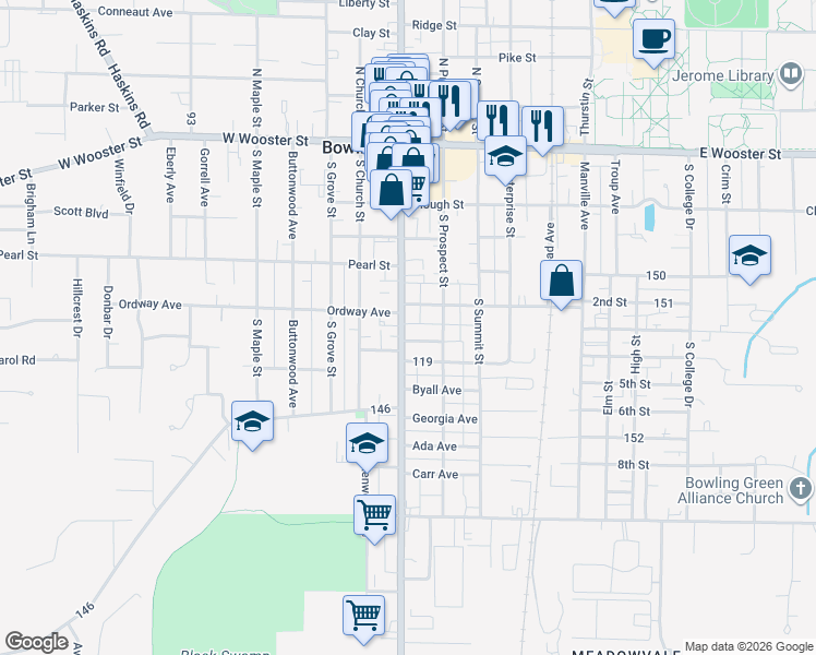 map of restaurants, bars, coffee shops, grocery stores, and more near 340-398 S Main St in Bowling Green