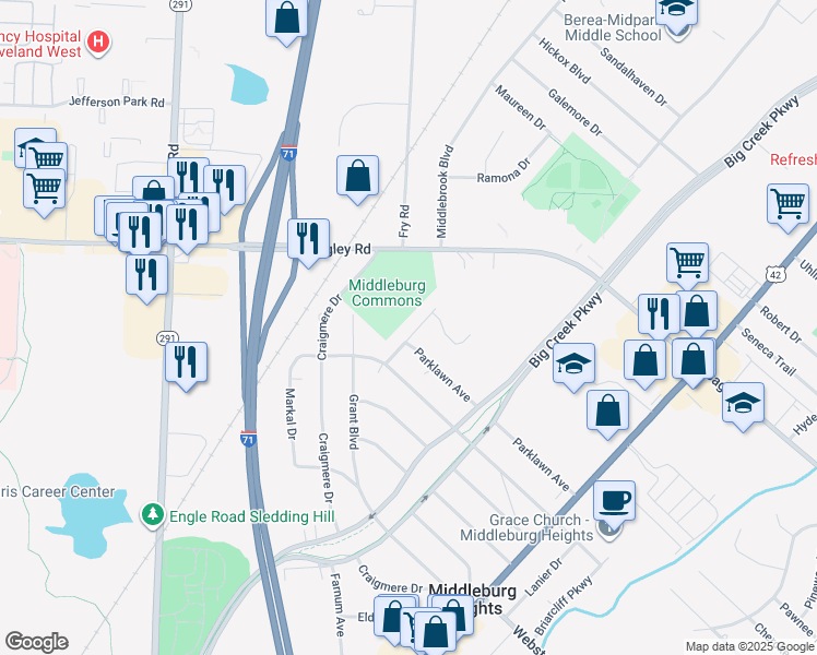 map of restaurants, bars, coffee shops, grocery stores, and more near 7236 Packard Avenue in Middleburg Heights