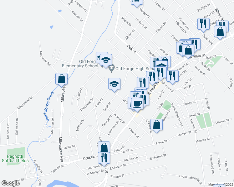 map of restaurants, bars, coffee shops, grocery stores, and more near 404 Marion Street in Old Forge