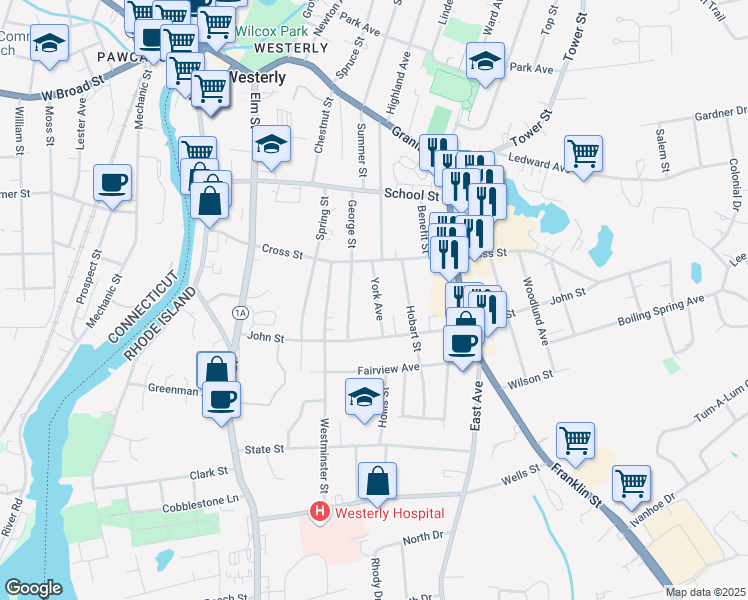 map of restaurants, bars, coffee shops, grocery stores, and more near 13 York Avenue in Westerly