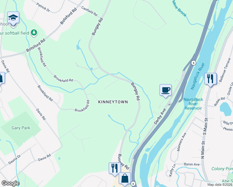 map of restaurants, bars, coffee shops, grocery stores, and more near 7 Old Town Road in Seymour