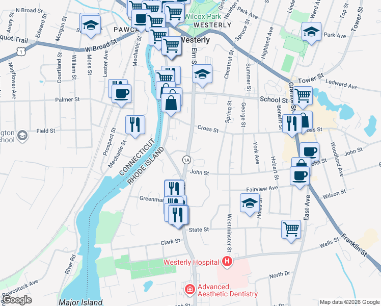 map of restaurants, bars, coffee shops, grocery stores, and more near 60 Elm Street in Westerly