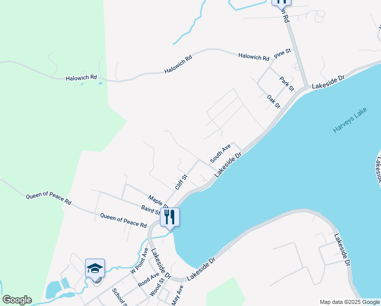 map of restaurants, bars, coffee shops, grocery stores, and more near Perrigo Street in Harveys Lake