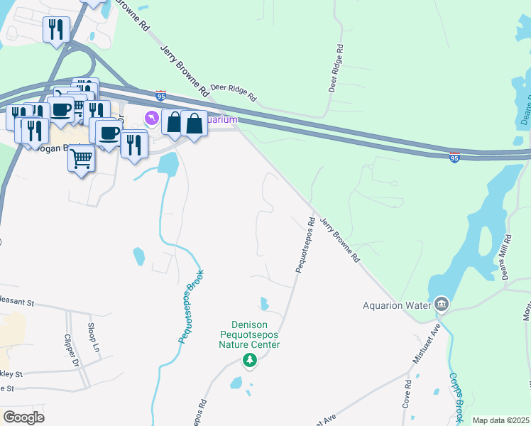 map of restaurants, bars, coffee shops, grocery stores, and more near 186 Jerry Browne Road in Stonington