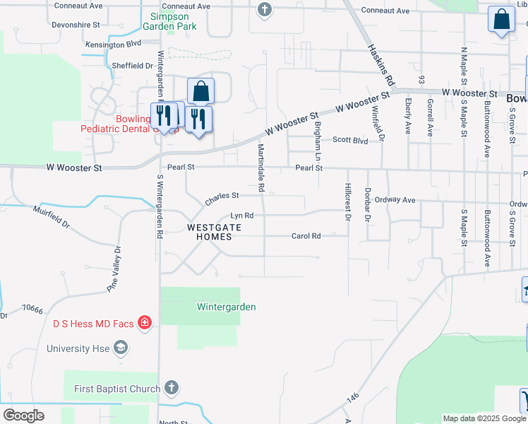 map of restaurants, bars, coffee shops, grocery stores, and more near 321 Martindale Road in Bowling Green
