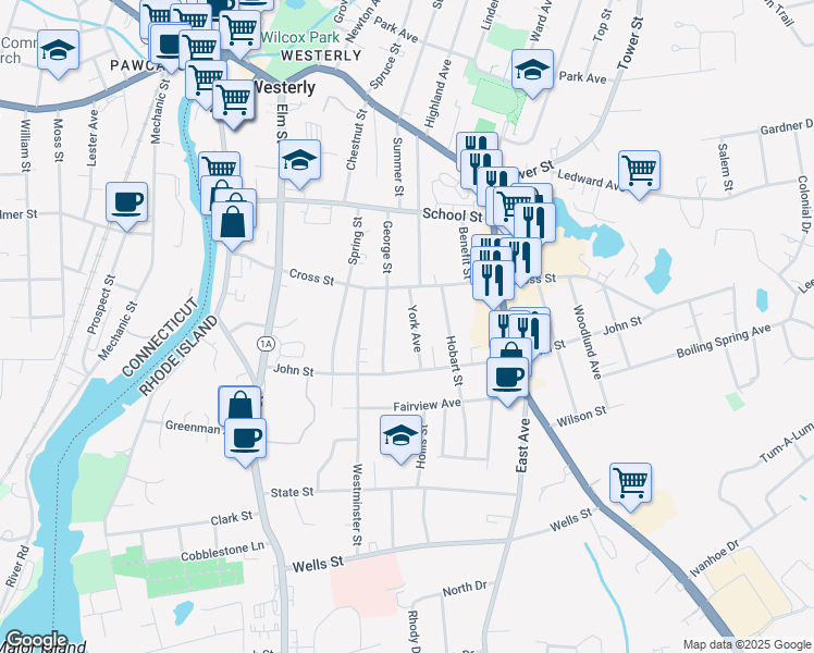 map of restaurants, bars, coffee shops, grocery stores, and more near 32 George Street in Westerly