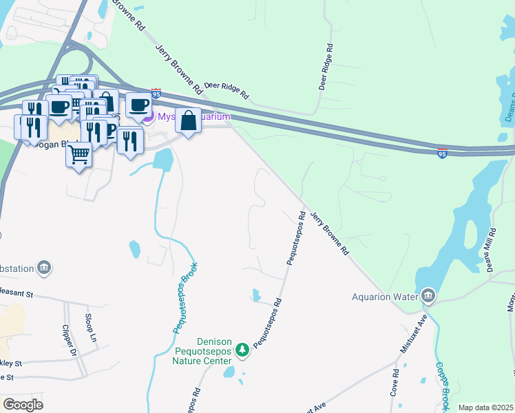 map of restaurants, bars, coffee shops, grocery stores, and more near 1 Bayberry Court in Stonington