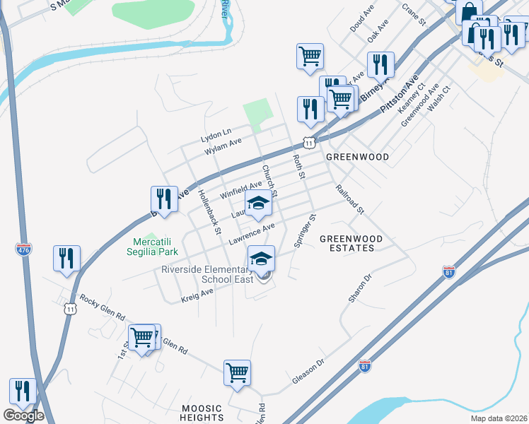 map of restaurants, bars, coffee shops, grocery stores, and more near 3698 Laurel Avenue in Moosic