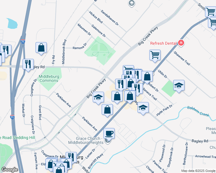 map of restaurants, bars, coffee shops, grocery stores, and more near 15435 Bagley Road in Middleburg Heights