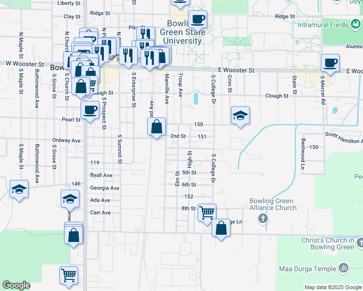 map of restaurants, bars, coffee shops, grocery stores, and more near 720 2nd Street in Bowling Green