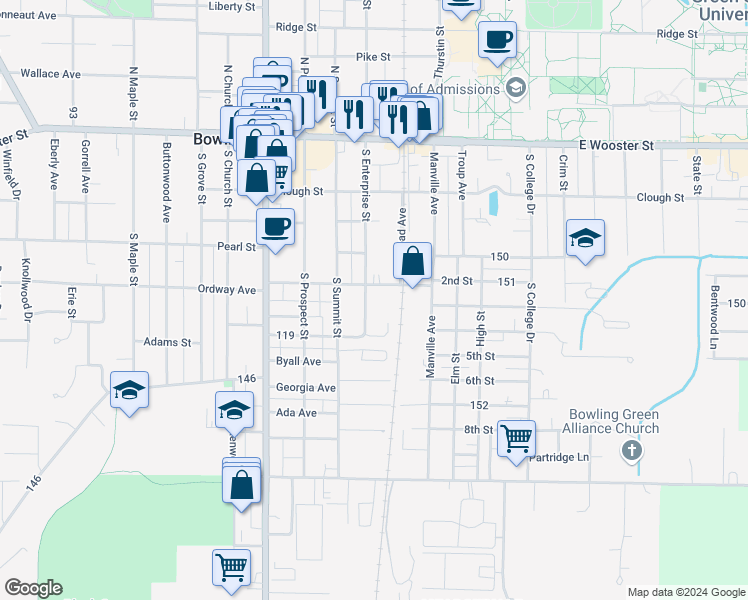 map of restaurants, bars, coffee shops, grocery stores, and more near 401 South Enterprise Street in Bowling Green