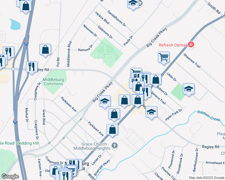 map of restaurants, bars, coffee shops, grocery stores, and more near 15435 Bagley Road in Middleburg Heights