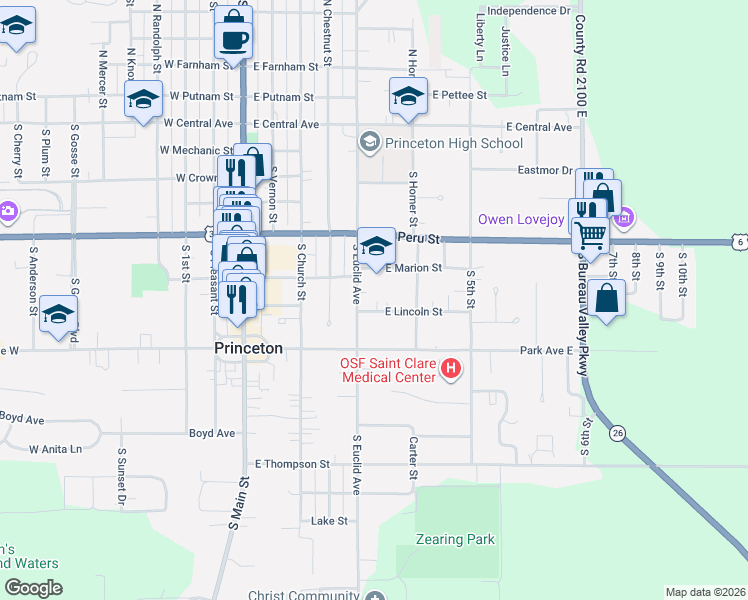 map of restaurants, bars, coffee shops, grocery stores, and more near 541 South Euclid Avenue in Princeton
