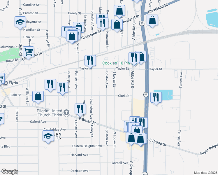map of restaurants, bars, coffee shops, grocery stores, and more near 160 Boston Avenue in Elyria