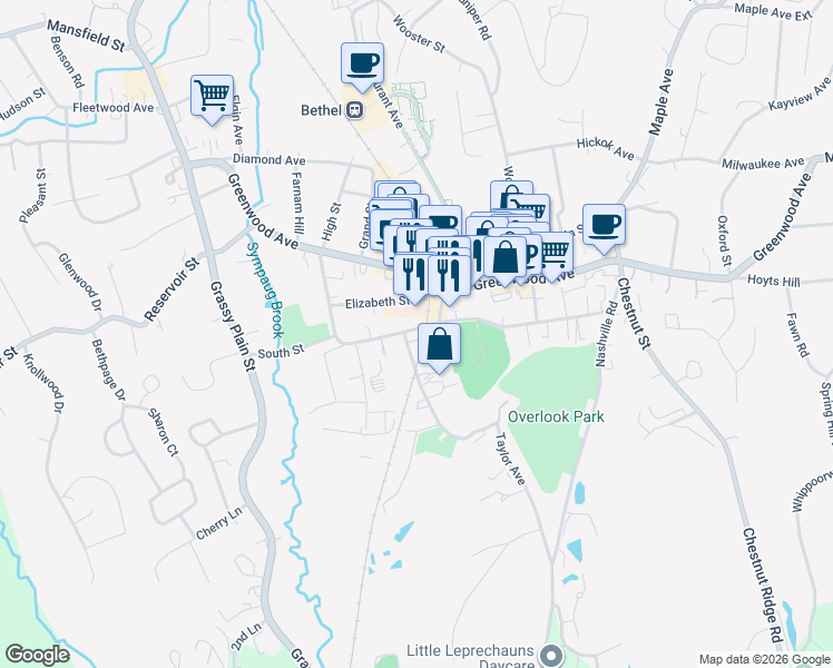 map of restaurants, bars, coffee shops, grocery stores, and more near 87 South Street in Bethel