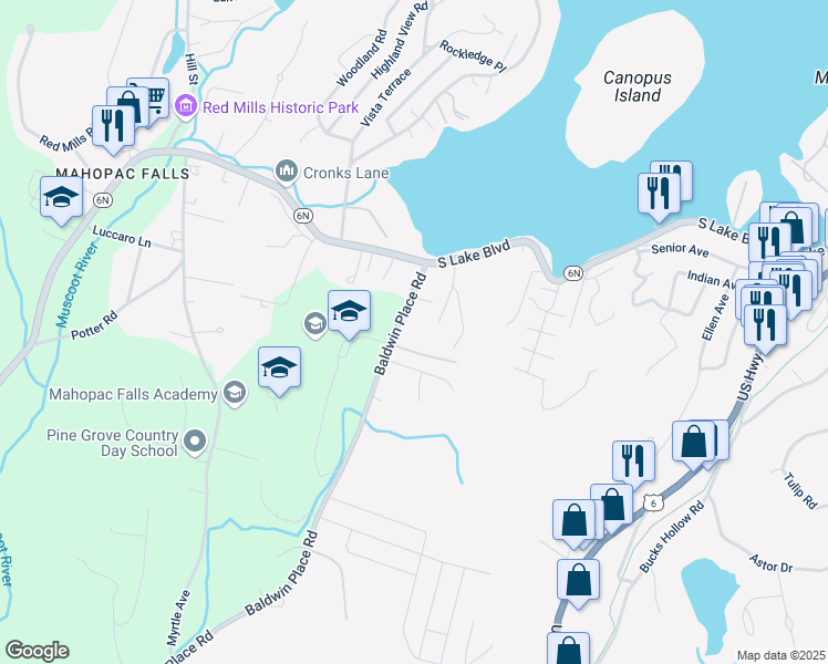 map of restaurants, bars, coffee shops, grocery stores, and more near 11 Clare Lane in Mahopac