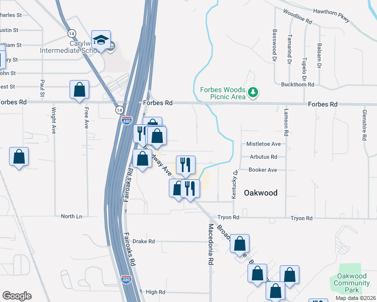 map of restaurants, bars, coffee shops, grocery stores, and more near 23596 Blackburn Road in Bedford