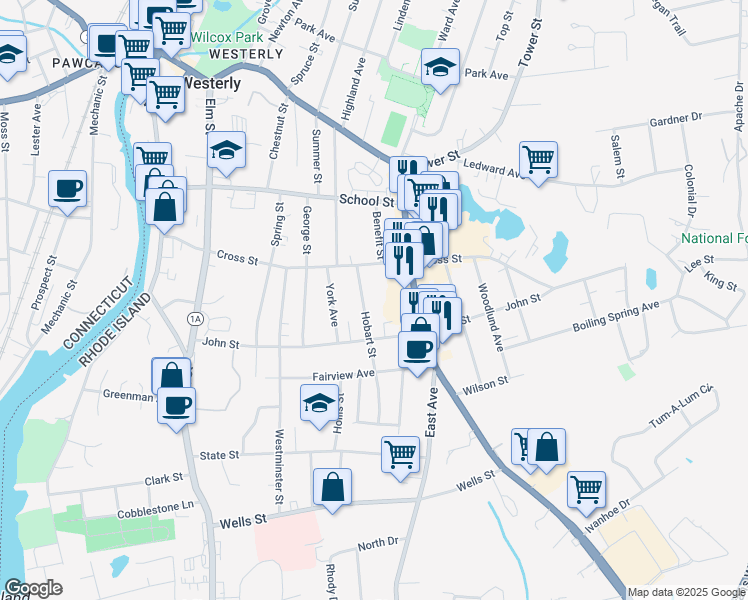 map of restaurants, bars, coffee shops, grocery stores, and more near 12 Hobart Street in Westerly