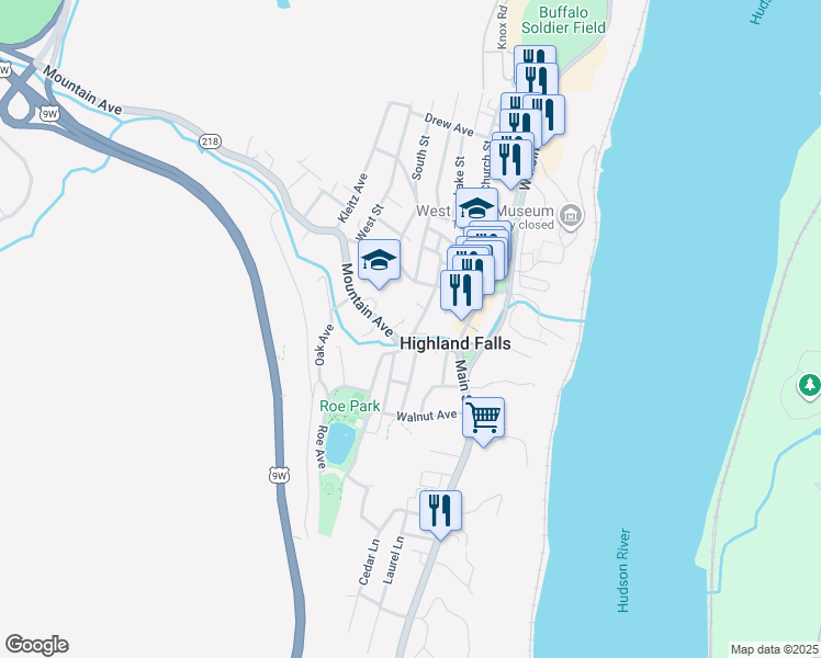 map of restaurants, bars, coffee shops, grocery stores, and more near 17 Center Street in Highland Falls