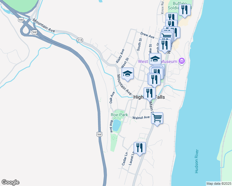 map of restaurants, bars, coffee shops, grocery stores, and more near 31 Oak Avenue in Highland Falls