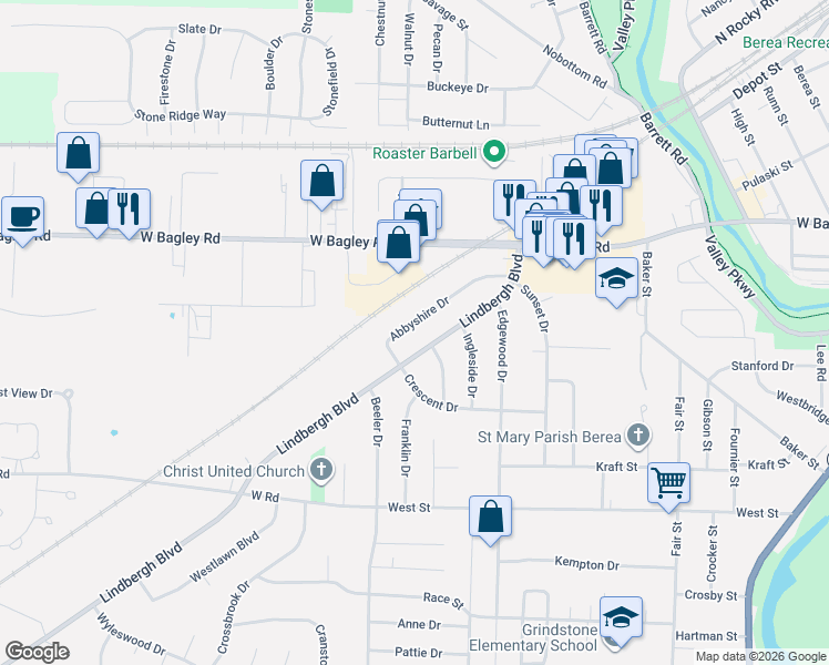 map of restaurants, bars, coffee shops, grocery stores, and more near 548 Abbyshire Drive in Berea