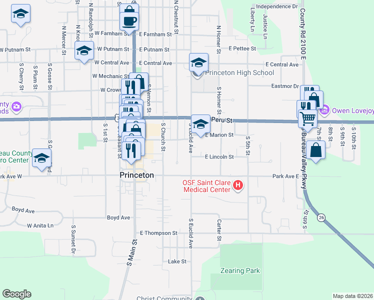 map of restaurants, bars, coffee shops, grocery stores, and more near 541 South Euclid Avenue in Princeton