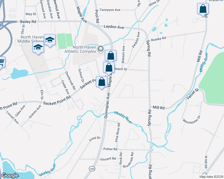 map of restaurants, bars, coffee shops, grocery stores, and more near 291 Maple Avenue in North Haven