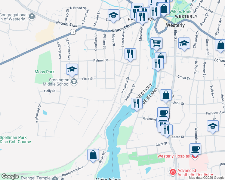 map of restaurants, bars, coffee shops, grocery stores, and more near 65 Moss Street in Stonington