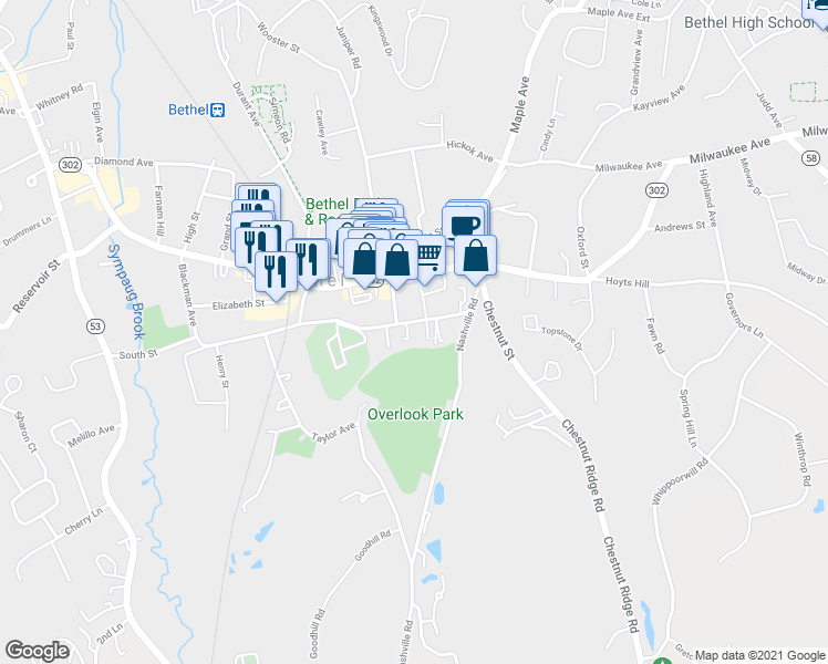 map of restaurants, bars, coffee shops, grocery stores, and more near 24 South Street in Bethel