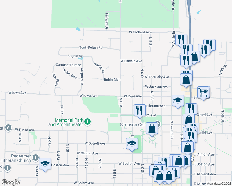 map of restaurants, bars, coffee shops, grocery stores, and more near 1005 North E Street in Indianola