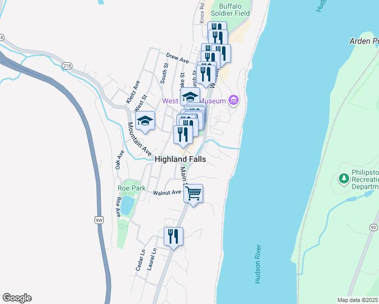 map of restaurants, bars, coffee shops, grocery stores, and more near 280 Main Street in Highland Falls