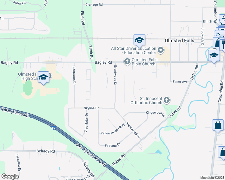 map of restaurants, bars, coffee shops, grocery stores, and more near 8408 Brentwood Drive in Olmsted Falls
