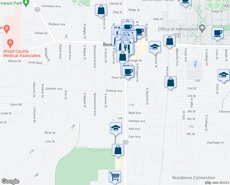 map of restaurants, bars, coffee shops, grocery stores, and more near 405 South Church Street in Bowling Green